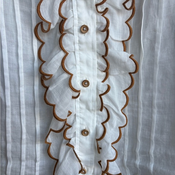 Zimmermann White Blouse Ruffle and Brown Embroidered Trim, Size 0 XS - Picture 9 of 11